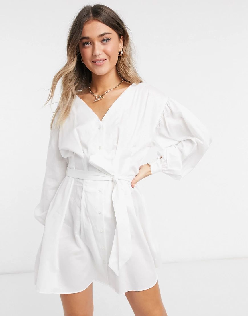 Miss Selfridge poplin shirt mini dress in white | ASOS (Global)
