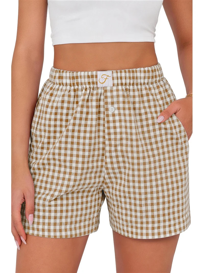 Fantaslook Plaid Shorts for Women Button Gingham Cotton Shorts Summer Lounge Boxers Beach Shorts ... | Walmart (US)