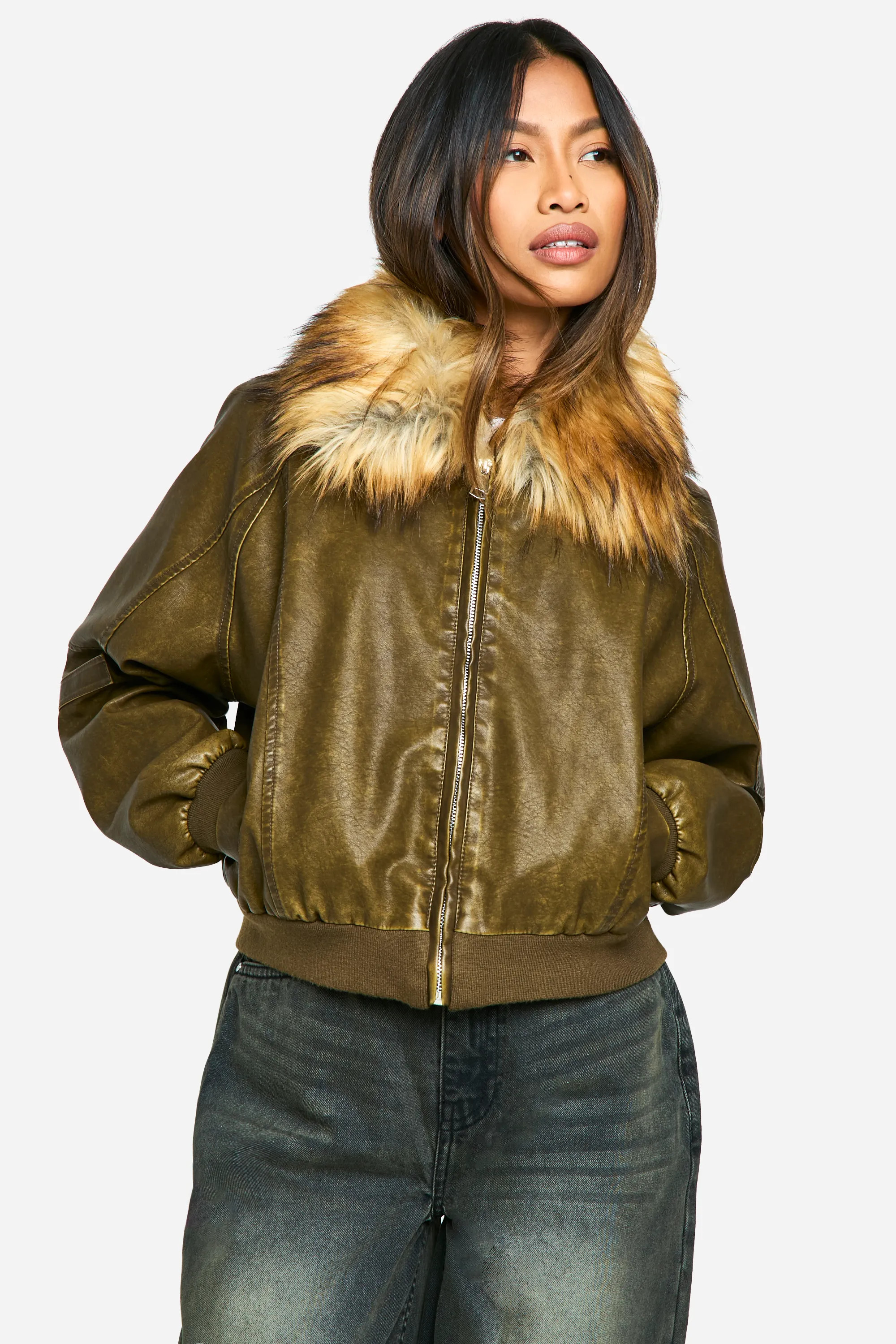 Faux Fur Collar Vintage Look Faux Leather Bomber Jacket | boohoo (US & Canada)