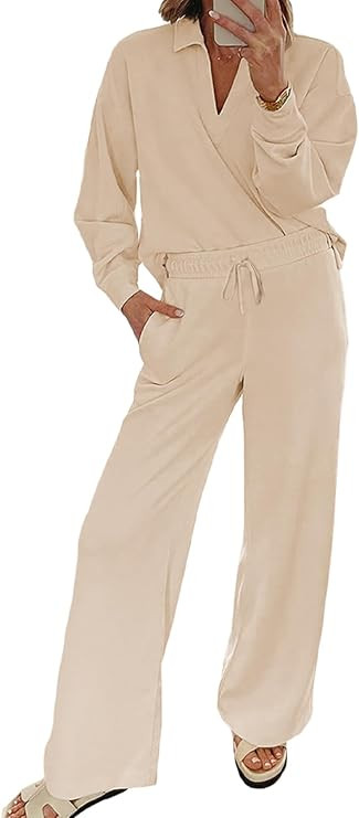 EVALESS Two Piece Sets for Women Fall 2024 Lounge Sets V Neck Sweatshirt and Wide Leg Sweatpants ... | Amazon (US)