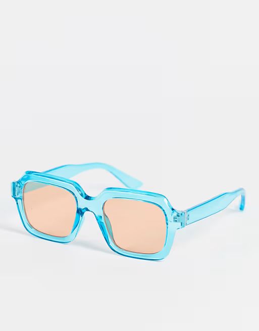 ASOS DESIGN square sunglasses in crystal blue with orange lens - MBLUE | ASOS (Global)