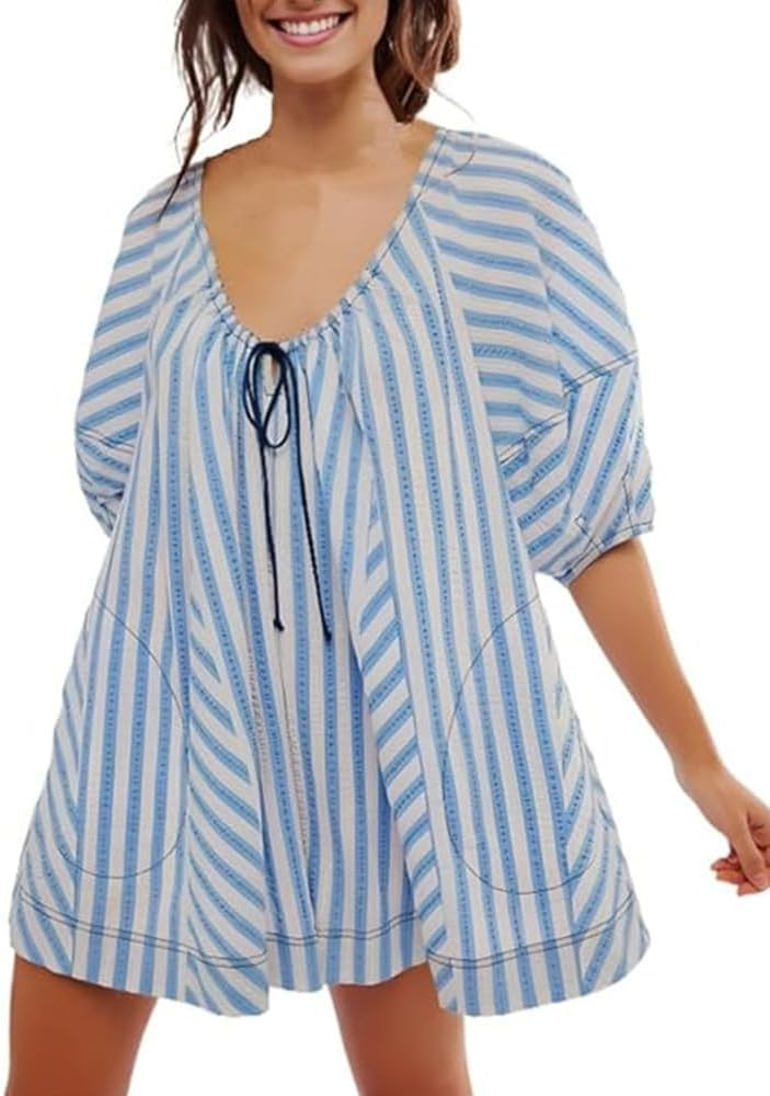 Women Casual Striped Summer Rompers Adjustable Neck Wide Leg Puff Sleeve Jumpsuits with Pockets | Amazon (US)