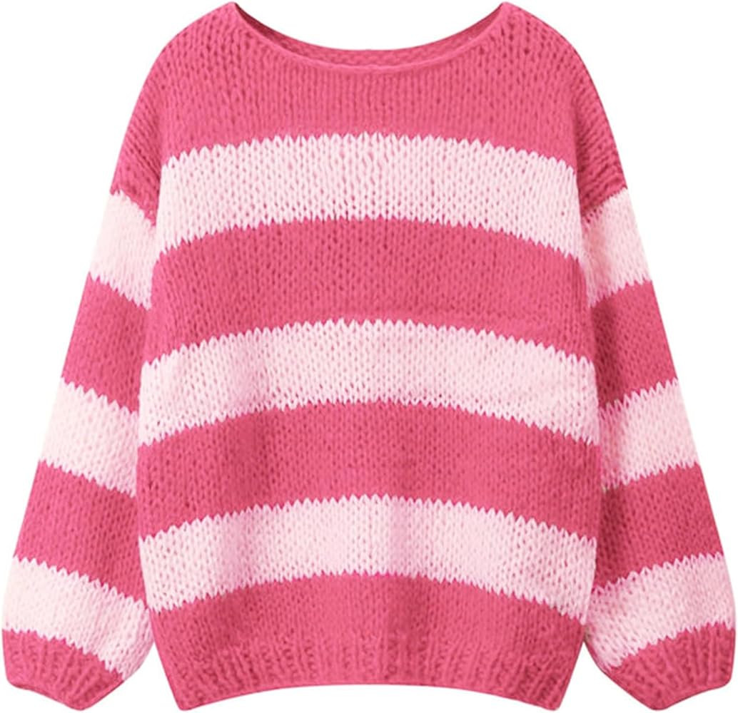 Oversized Sweaters for Women Color Block Striped Sweaters Y2K Crewneck Long Sleeve Knit Sweater | Amazon (US)