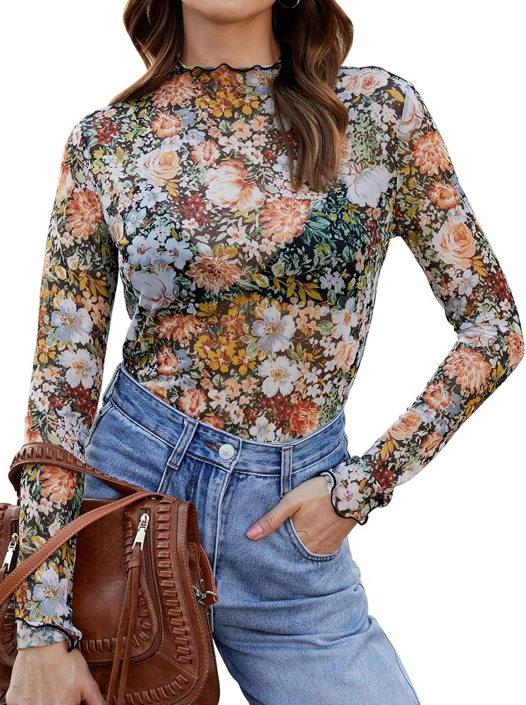 Mesh Top Sheer Blouse Layering Shirt, Floral | Amazon (US)