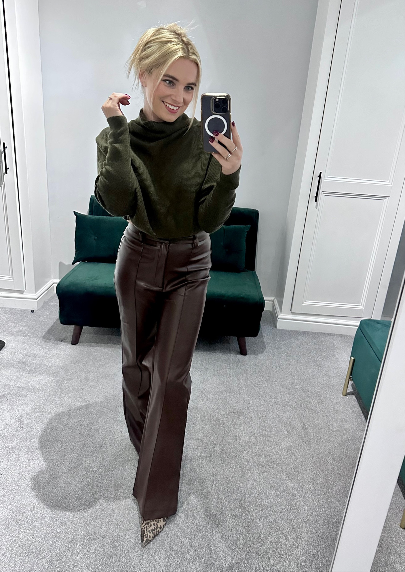 All Saints Ridley cropped jumper, geeen jumper, leather look trousers, brown pu leather trousers, River Island, leopard print boots, autumn tones, autumn outfit, leather look 

#LTKstyletip #LTKSeasonal #LTKeurope