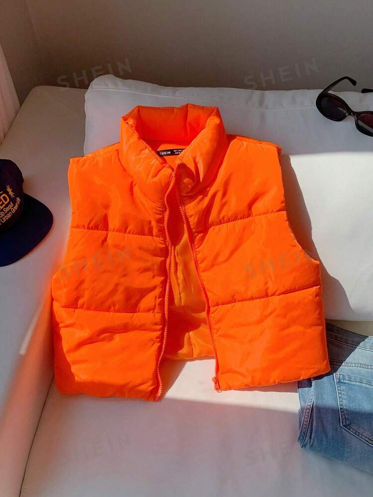 SHEIN Comfortcana Neon-Orange Zip Up Vest Padded Coat | SHEIN