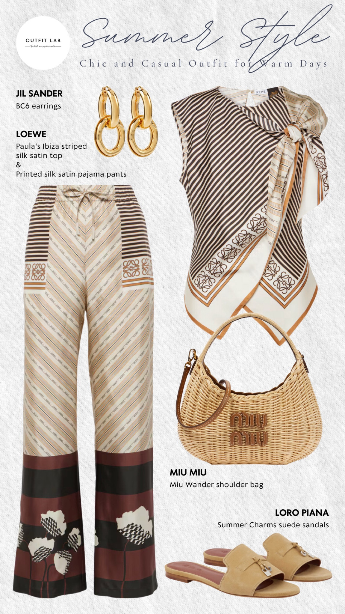 ⭐️Summer Style: Chic and Casual Outfit for Warm Days⭐️

Embrace the chic side of summer with a perfectly coordinated Loewe ensemble, featuring a stylish top and matching pants for a fresh, casual look. Pair these with Loro Piana sandals, blending comfort with a touch of elegance, ideal for strolling through the city or a relaxed brunch by the seaside. Carry a Miu Miu bag for a playful yet sophisticated touch that complements your outfit beautifully. Add a subtle elegance with Jil Sander earrings, the perfect accessory to complete your chic casual summer outfit. This look is ideal for those who appreciate refined simplicity and style during the warmer months!