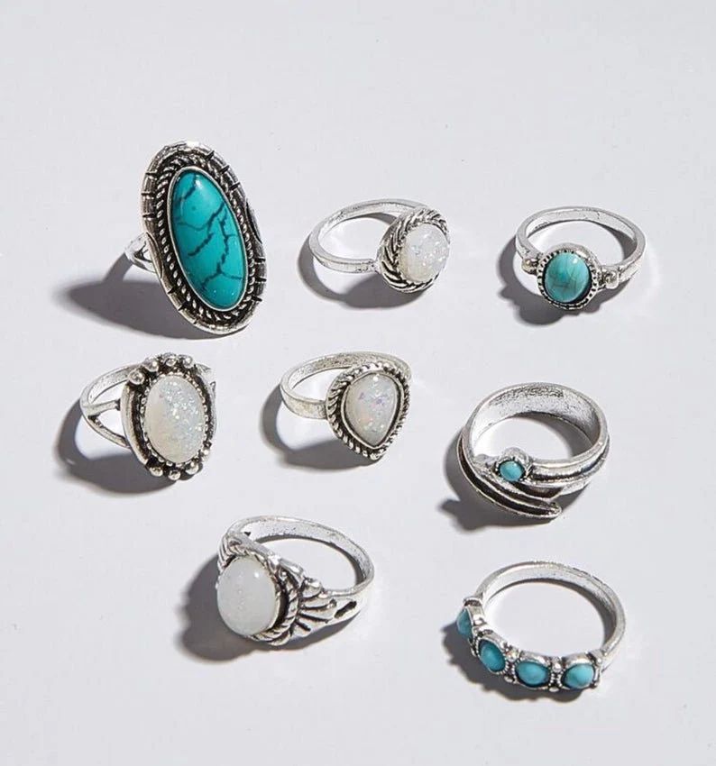 All Sizes Turquoise 8pc Ring SETS BOHO Silver Vintage | Etsy | Etsy (US)