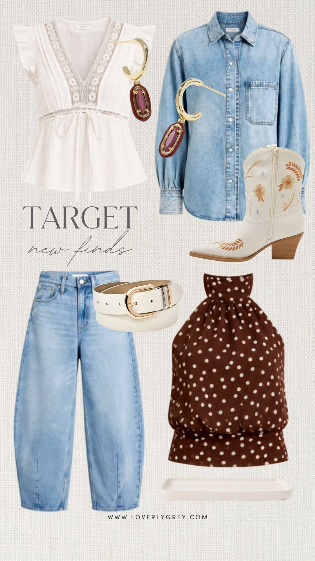 How cute would these Target finds be for a country concert?! 🤠 Pair the embroidered western boots with wide-leg jeans and a feminine top or the brown polka dot halter for an easy country concert outfit. Add the denim shirt, statement earrings, and belt for a little extra western style.

#LTKTravel #LTKdayinmylife #LTKgrwm