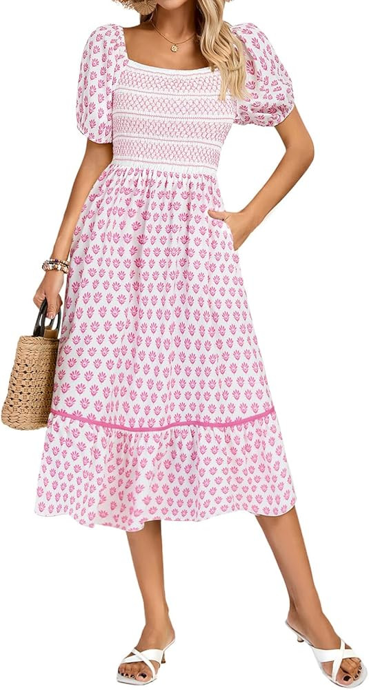 Kate Kasin Women's Summer Floral Boho Dresses Casual Square Neck Smocked Flowy Tiered Beach Midi ... | Amazon (US)