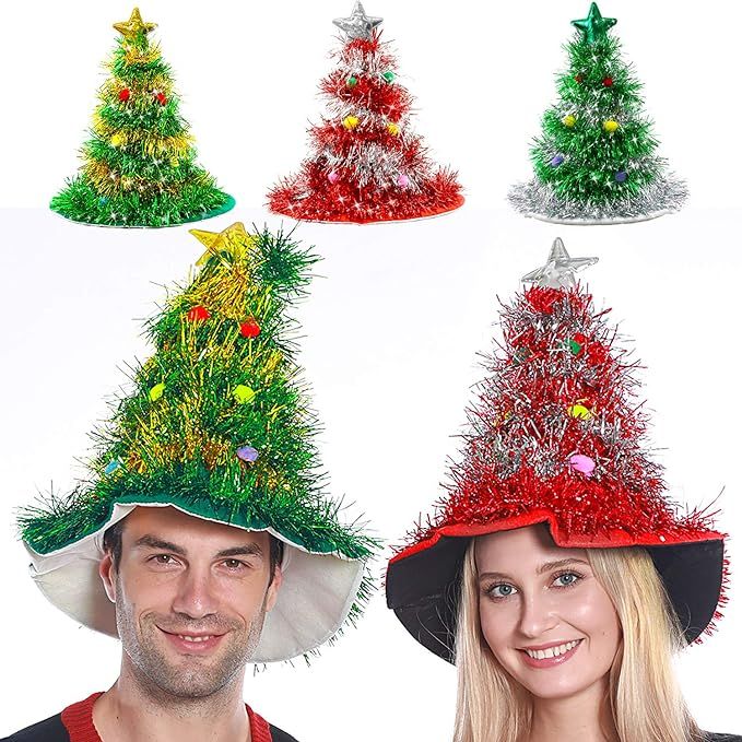 Camlinbo 3 Pack Christmas Hat Tree Hat Santa Hat with Tinsel Colorful Poms Christmas Costume (Red... | Amazon (US)