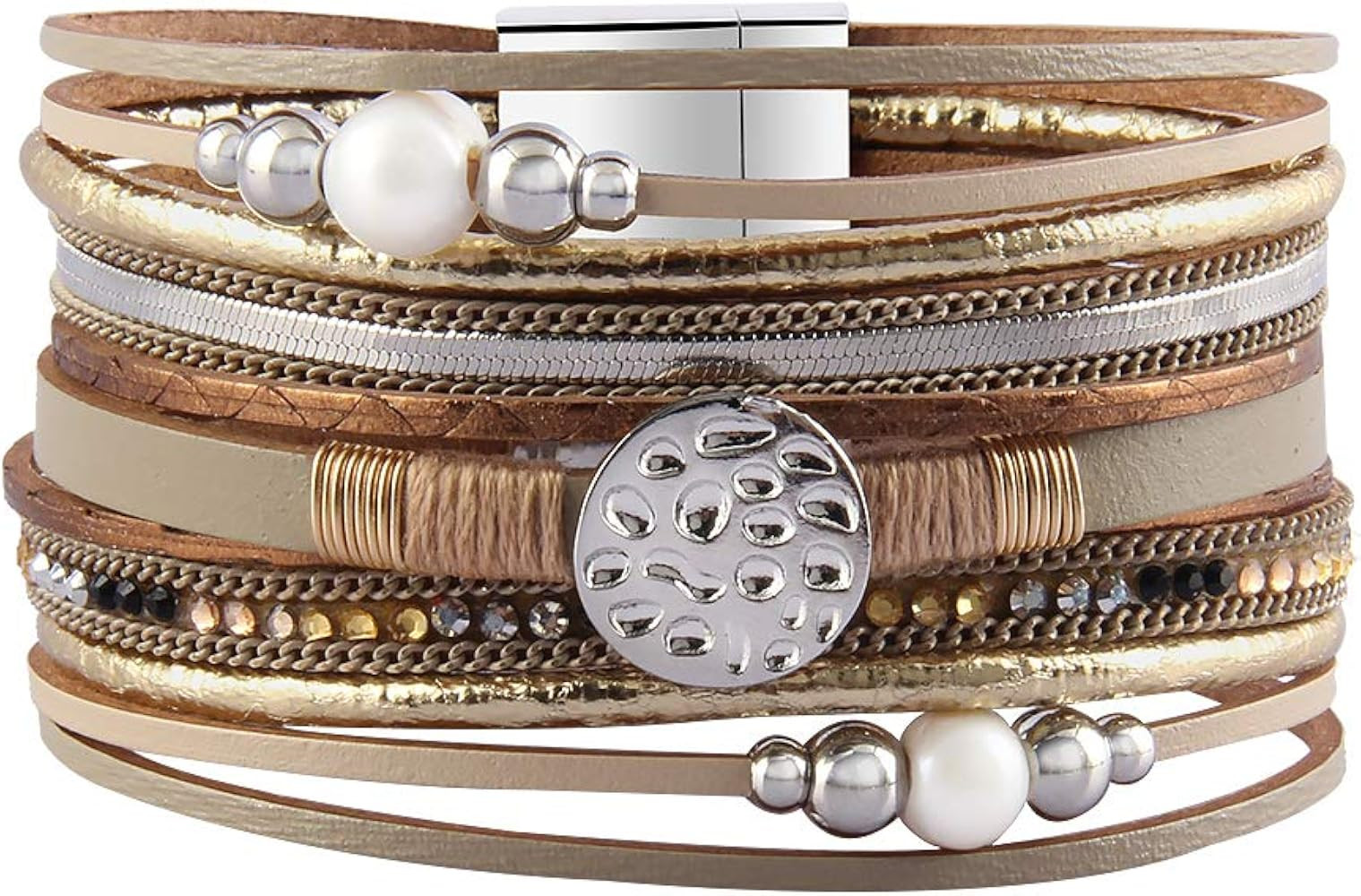 GelConnie Leather Wrap Bracelet Boho Cuff Bracelets Crystal Leather Bracelet Magnetic Multi Stran... | Amazon (US)