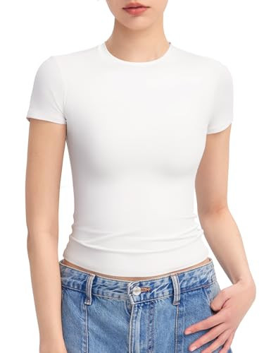 PUMIEY Summer Tops for Women Slim Fit Short Sleeve T Shirts Sexy Y2K Crop Top, Splashed White X-Large | Amazon (US)