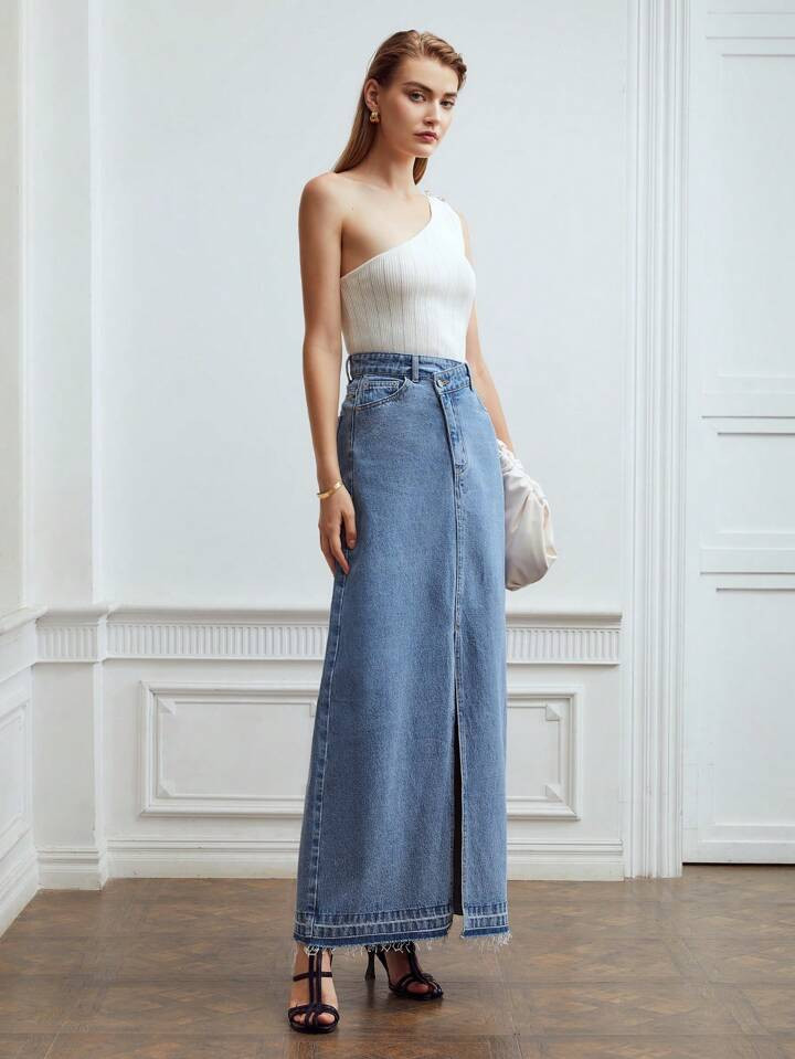 MOTF PREMIUM ASYMMETRICAL DENIM MAXI SKIRT | SHEIN USA | SHEIN