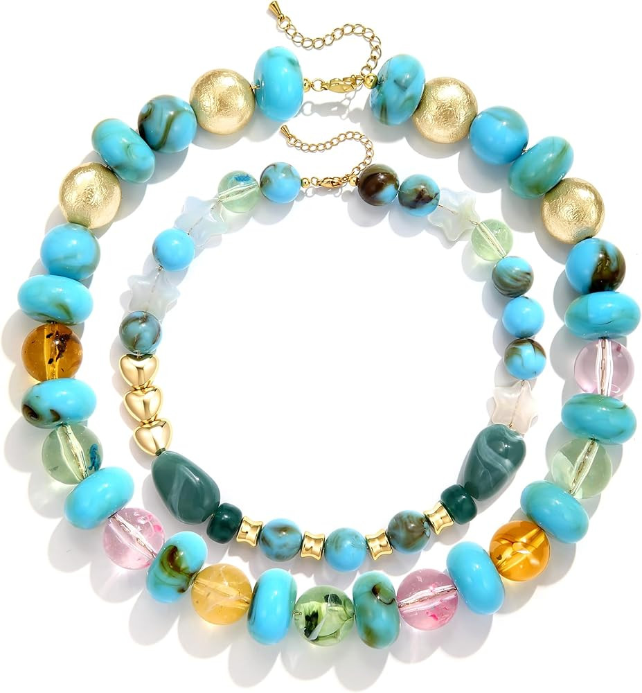 COLOYAN 2PCS Colorful Chunky Blue Resin Beaded Choker Necklace for Women | Amazon (US)