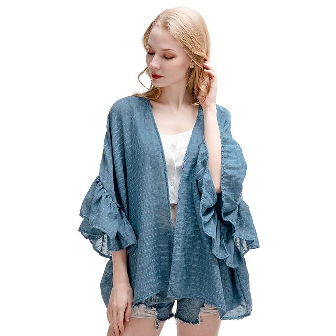 RIIQIICHY Women's 3/4 Ruffle Sleeve Kimono Cardigan Cover Up for Beach & Casual Wear | Amazon (US)