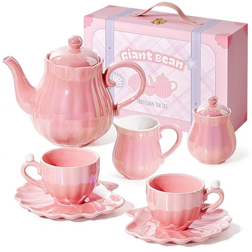 Giant bean Porcelain Tea Set, Pearl Pink Real Tea Party Set for Little Girls, British Royal Princess Series Teapot & Cup & Saucer & Sugar Bowl & Suitcase, for Little Kids Toddlers | Amazon (US)