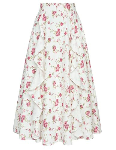 Belle Poque Pink Floral Skirt Elastic Flowy Midi Ruffle Skirt Tea Party Boho Skirts for Women White and Pink Floral XL | Amazon (US)