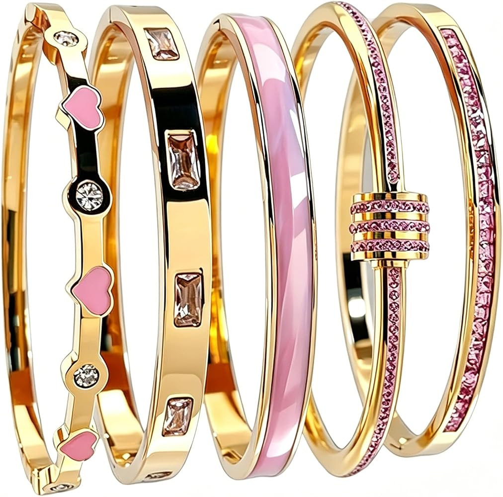 Pink Heart Bangle Bracelets for Women - 18K Gold Plated Stackable Stainless Steel, Friendship & L... | Amazon (US)