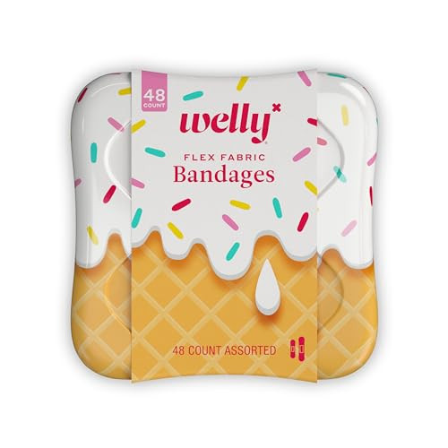 Welly Bandages | Adhesive Flexible Fabric Bravery Badges | Assorted Shapes for Minor Cuts, Scrapes, and Wounds | Colorful and Fun First Aid Tin | Ice Cream Patterns - 48 Count | Amazon (US)