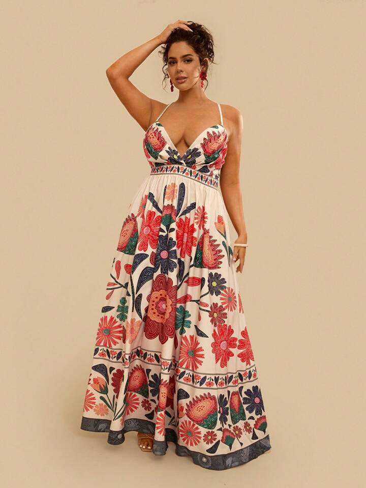 Travachic Plus Size Bohemian Floral Print Spaghetti Strap Dress, Casual Beach Holiday Sexy Sundress For Women | SHEIN