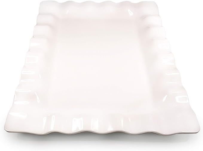 White Melamine Scalloped Serving Platter - Beautiful but Safe Turkey Platter Serving Tray - White... | Amazon (US)
