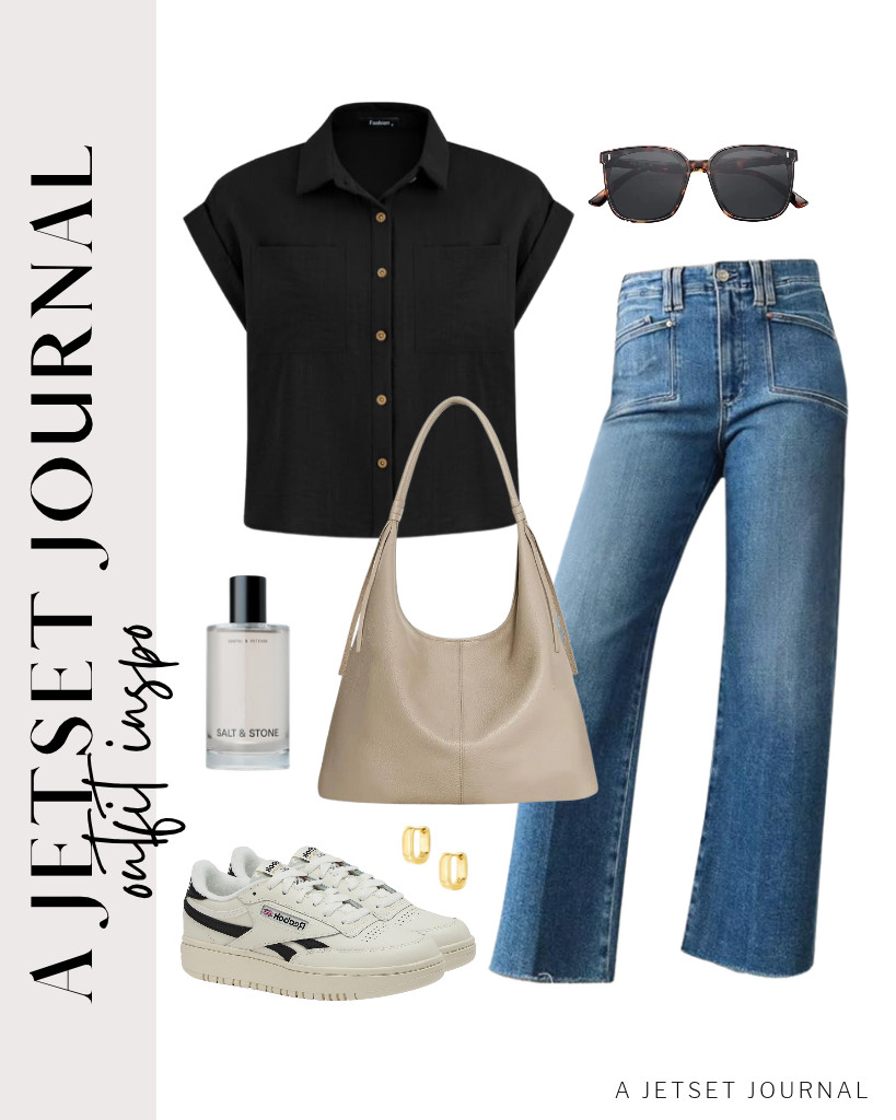 The last outfit pairs a black PRETTYGARDEN button-down shirt with Astylish jeans. Step into these Reebo platform tennis shoes to match the fit, then grab this slouchy purse from befen. Don’t forget to wear these chunky hoop earrings! 

 #LTKSeasonal #LTKSaleAlert #LTKTravel