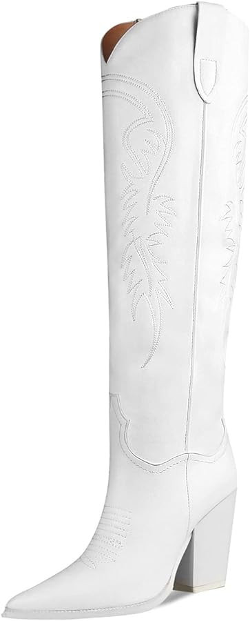 ISNOM Women's Western Boots Knee High Boots, Cowboy Cowgirl Embroidered Chunky Block Heel Pointed... | Amazon (US)