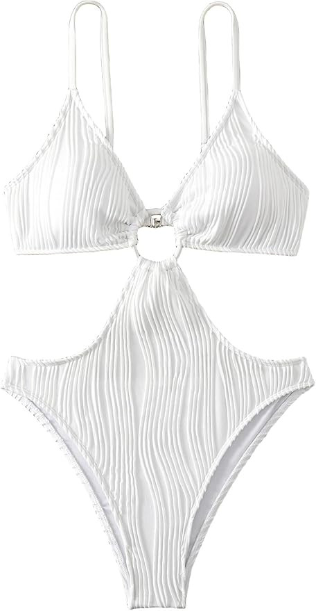 WDIRARA Women's Textured Cut Out One Piece Swimsuit Ring Linked Ruched Bathing Suit | Amazon (US)