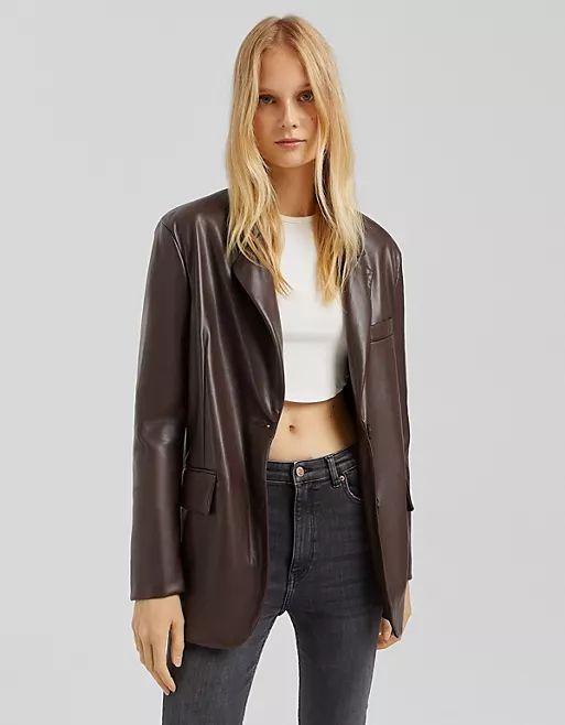Bershka oversized faux leather blazer in chocolate brown | ASOS (Global)