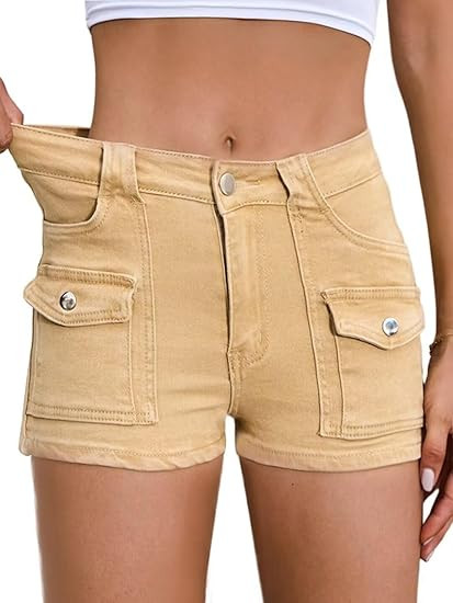 Women's Stretchy Jean Shorts Mid Waisted Twill Shorts Stretch Junior Booty Denim Shorts with Pock... | Amazon (US)