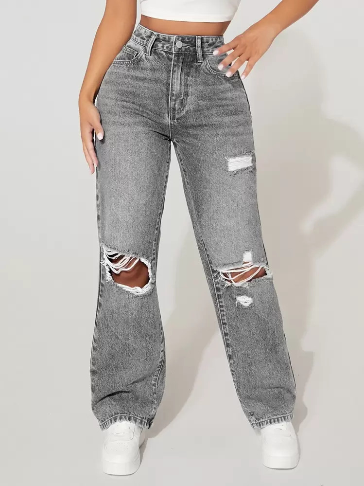 SHEIN PETITE High-Waisted Ripped Loose Y2K Autumn And Winter Warm Jeans Thermal Denim | SHEIN