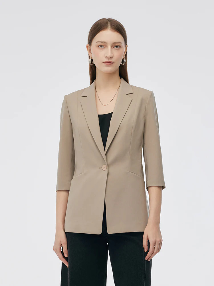 Machine Washable Wool Blend Women One Button Blazer - Taupe / XXS | GOELIA