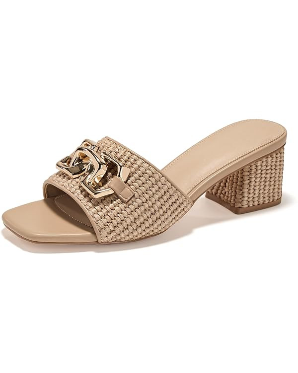Women's Raffia Slide Sandals Square Open Toe Sandal Chunky Heeled Metal Chain Dressy Shoes | Amazon (US)