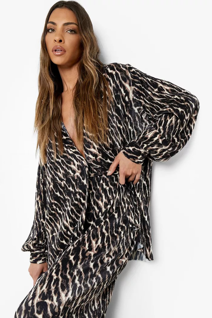 Leopard Print Plisse Relaxed Fit Shirt & Leopard Print Plisse Wide Leg Trousers | Boohoo.com (UK & IE)