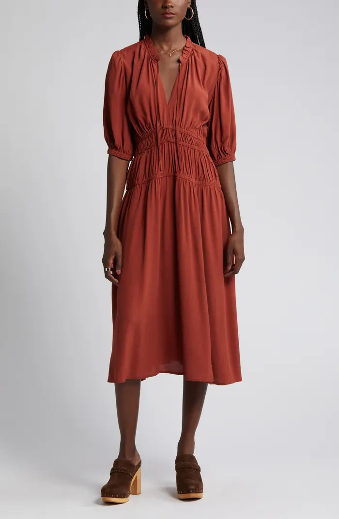 Split Neck Smock Waist Dress | Nordstrom