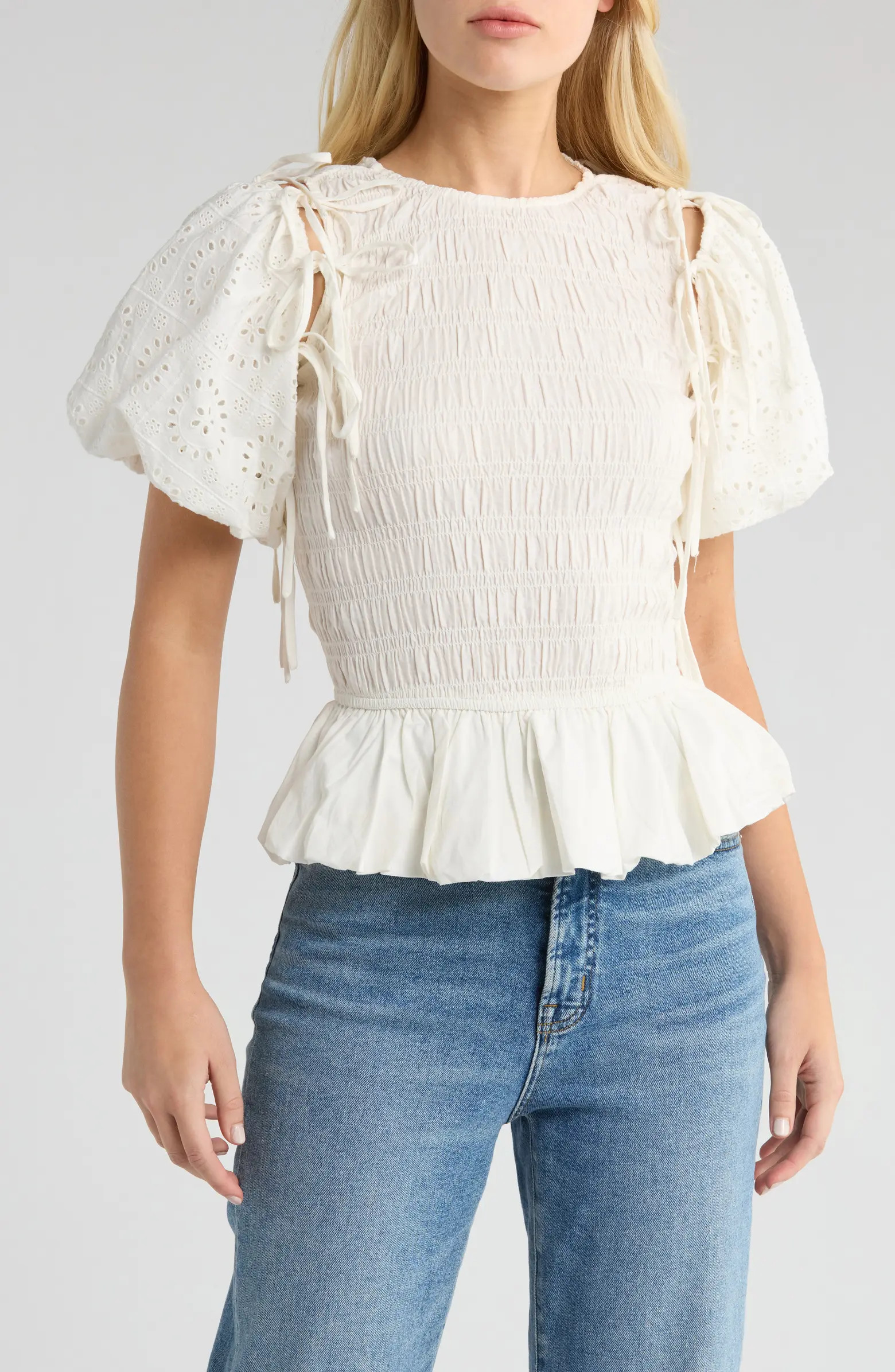 Lillian Puff Sleeve Smocked Organic Cotton Peplum Top | Nordstrom