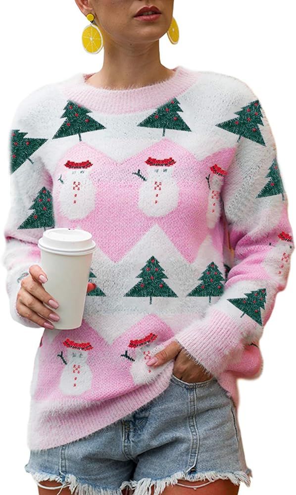 FLOYU Women Ugly Christmas Tree Reindeer Knit Sweater Christmas Sweater New Year Crew Neck Knit C... | Amazon (US)