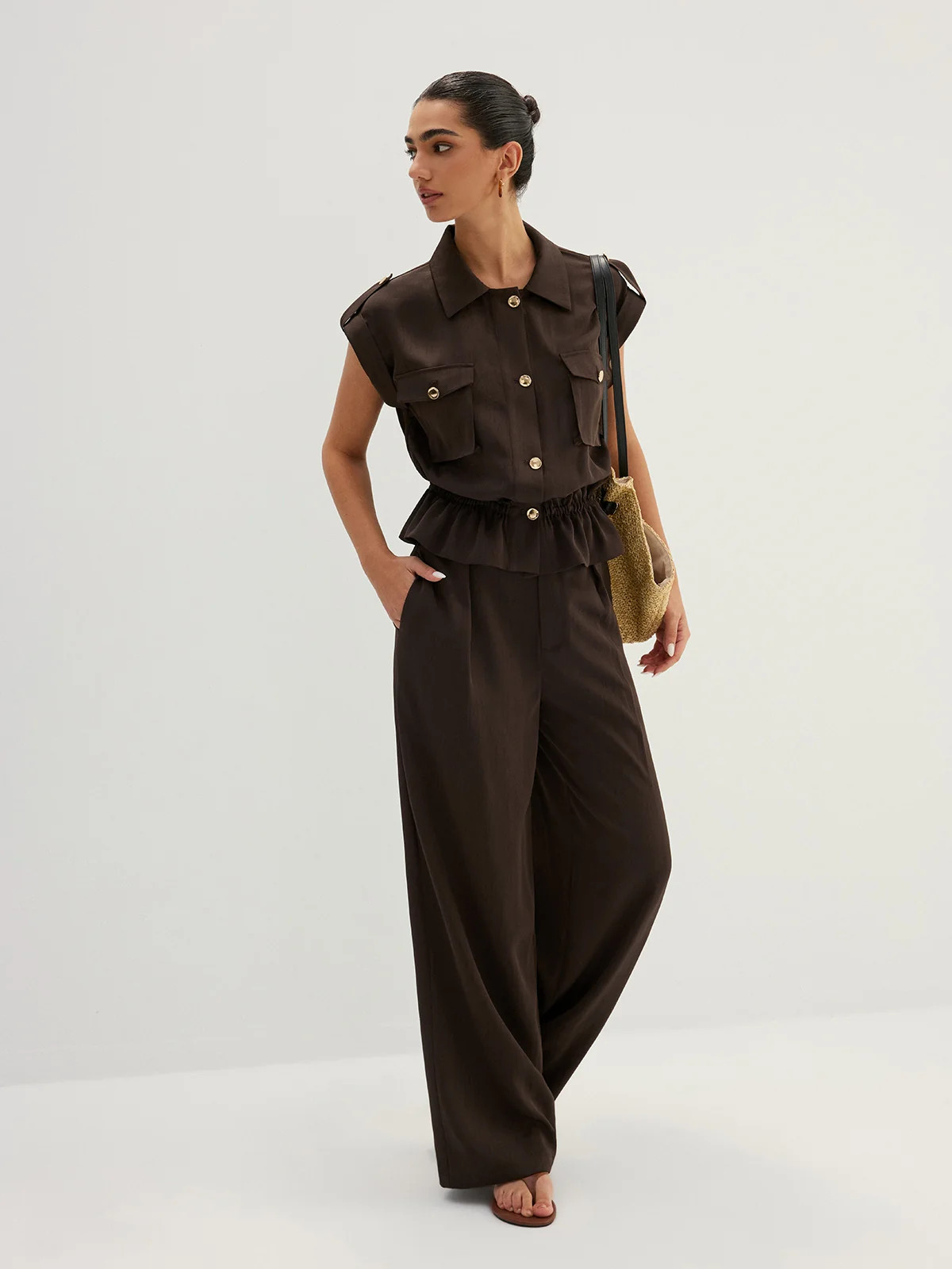 Cargo Sleeveless Shirt & Wide Leg Pant Set | Commense