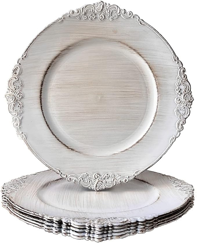 Antique White Charger Plates, 13 Inch Embossed Chargers for Dinner Plates. Set of 6 Plastic Charg... | Amazon (US)