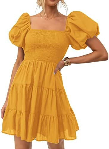 ZESICA Women's Boho 2026 Summer Square Neck Puff Sleeve Off Shoulder Smocked Tiered Casual A Line... | Amazon (US)