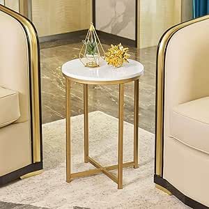 Gold Round Side End Table with Marble Top, Modern Bedside Small Coffee Table for Living Room Bedr... | Amazon (US)
