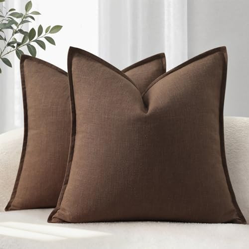 YCOLL Cushion Covers 55x55 cm Set of 2 – Soft Natural Linen Cushions with Trim, Solid Colour Decorative Cushion Cover for Sofa, Couch, Bed and Living Room, Brown | Amazon (UK)