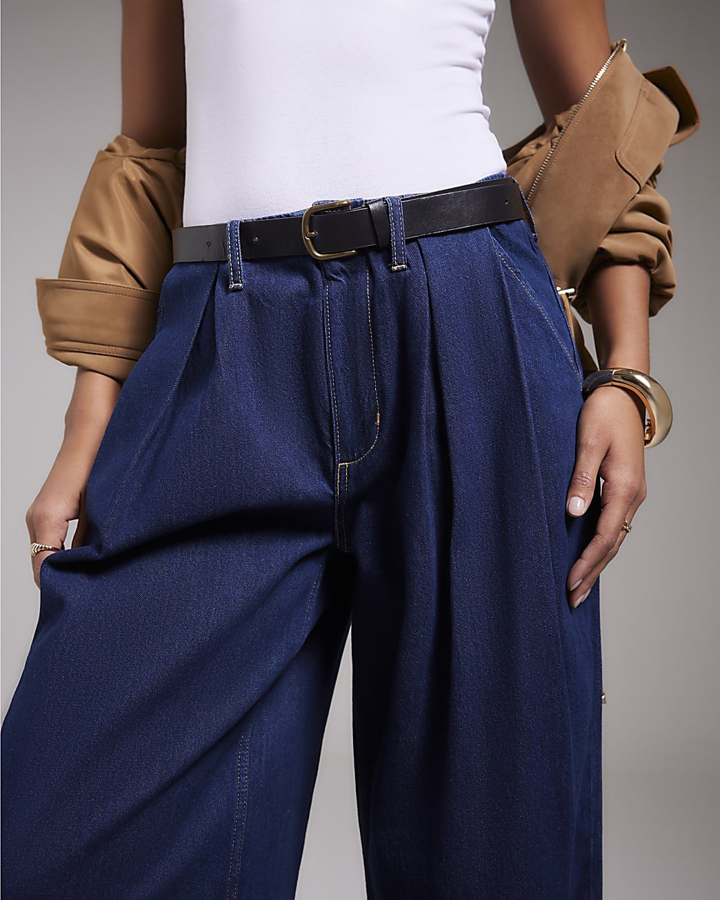Blue Belted Pleated Wide Leg Jeans | River Island UK & IE