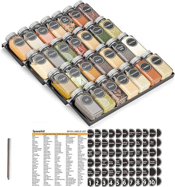SpaceAid Glass Spice Drawer Organizer with 28 Spice Jars, 386 Labels and Chalk Marker, 4 Tier Sea... | Amazon (US)