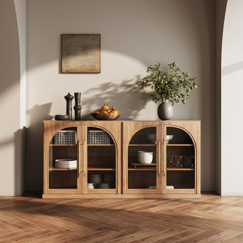 BELLEZE 3 Tier Bookshelf with Arched Glass Door, Set of 2 Modern Display Bookcase Shelf with Storage and Adjustable Shelves, 65'' Wood Bookshelves for Living Room Office Entryway (Camel) | Amazon (US)