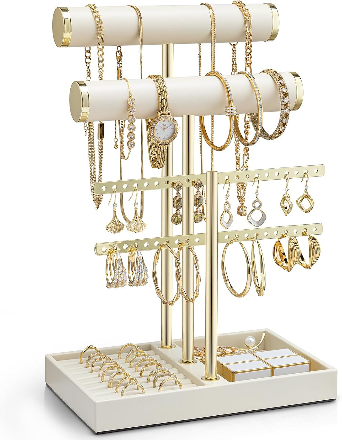 VLANDO 3 Tier Bracelet Holder Display, Leather Jewelry Holder Display for Women, Detachable Jewelry Stand for Bracelet, Necklace, Earrings, Rings - Beige | Amazon (US)