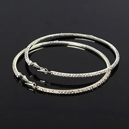 Glittering Bling 8CM Silver Plated 1Row Rhinestone Big Hoop Loop Earring | Walmart (US)