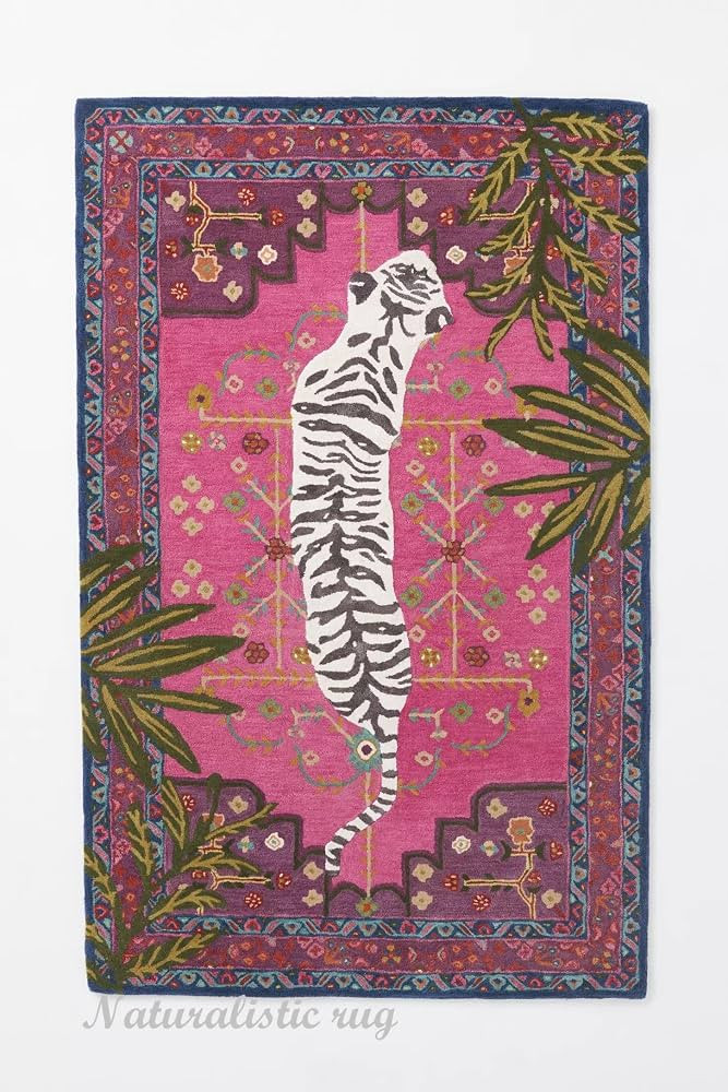 Bengal Tiger Animal Print Wool Area Rug Handmade Featuring Symmetrical Palm Leaves Design - Ideal... | Amazon (US)