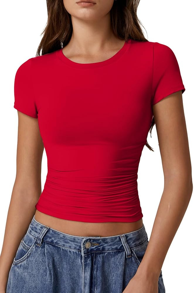 QINSEN Short Sleeve Shirts for Women Round Neck Basic Double Lined Tees Fitted Y2k Crop Tops | Amazon (US)
